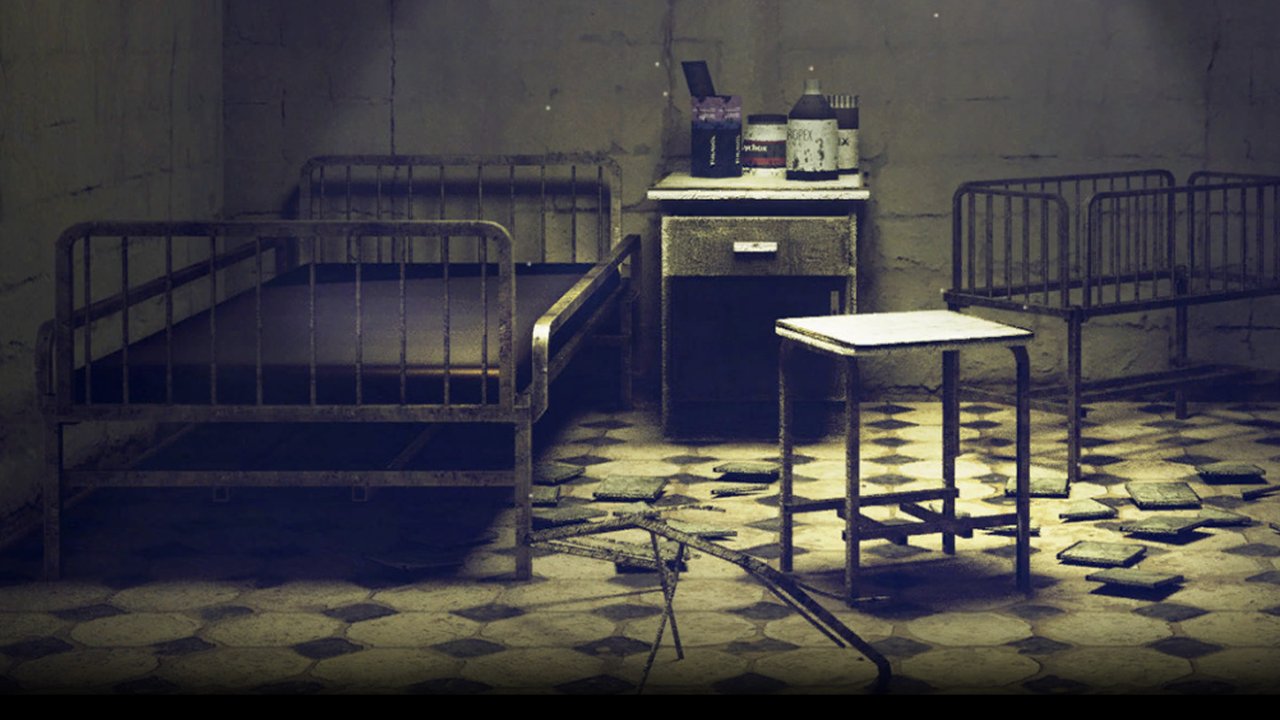Horror haunted house, hospital-themed secret room escape Stock